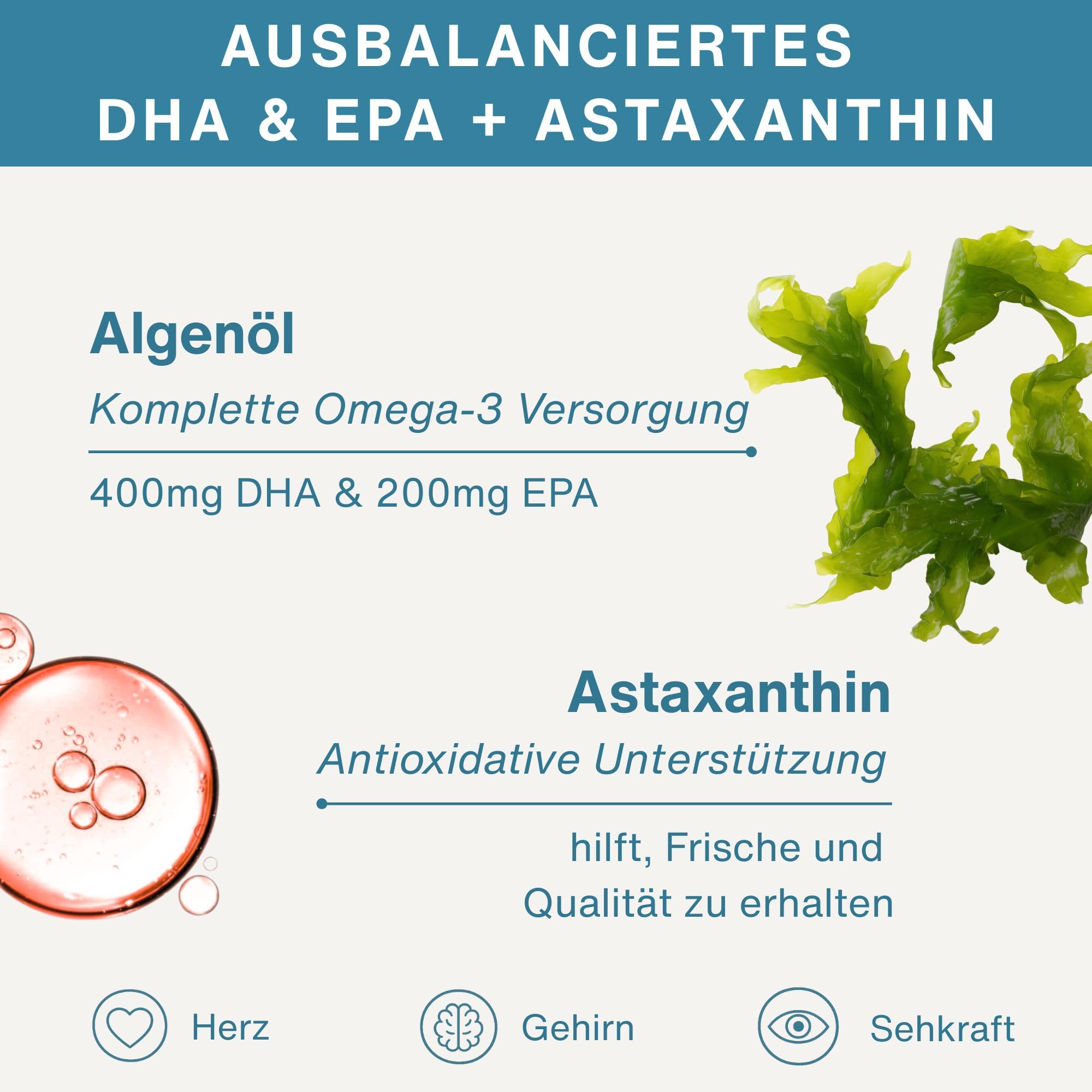 Igennus Hochwertigstes Omega-3 Algenöl 1344mg & Astaxanthin, 600mg DHA EPA | 180 Weichkapseln, Triglyceridform, aus Mikroalgen, rein & nachhaltig, frei von Umweltgiften