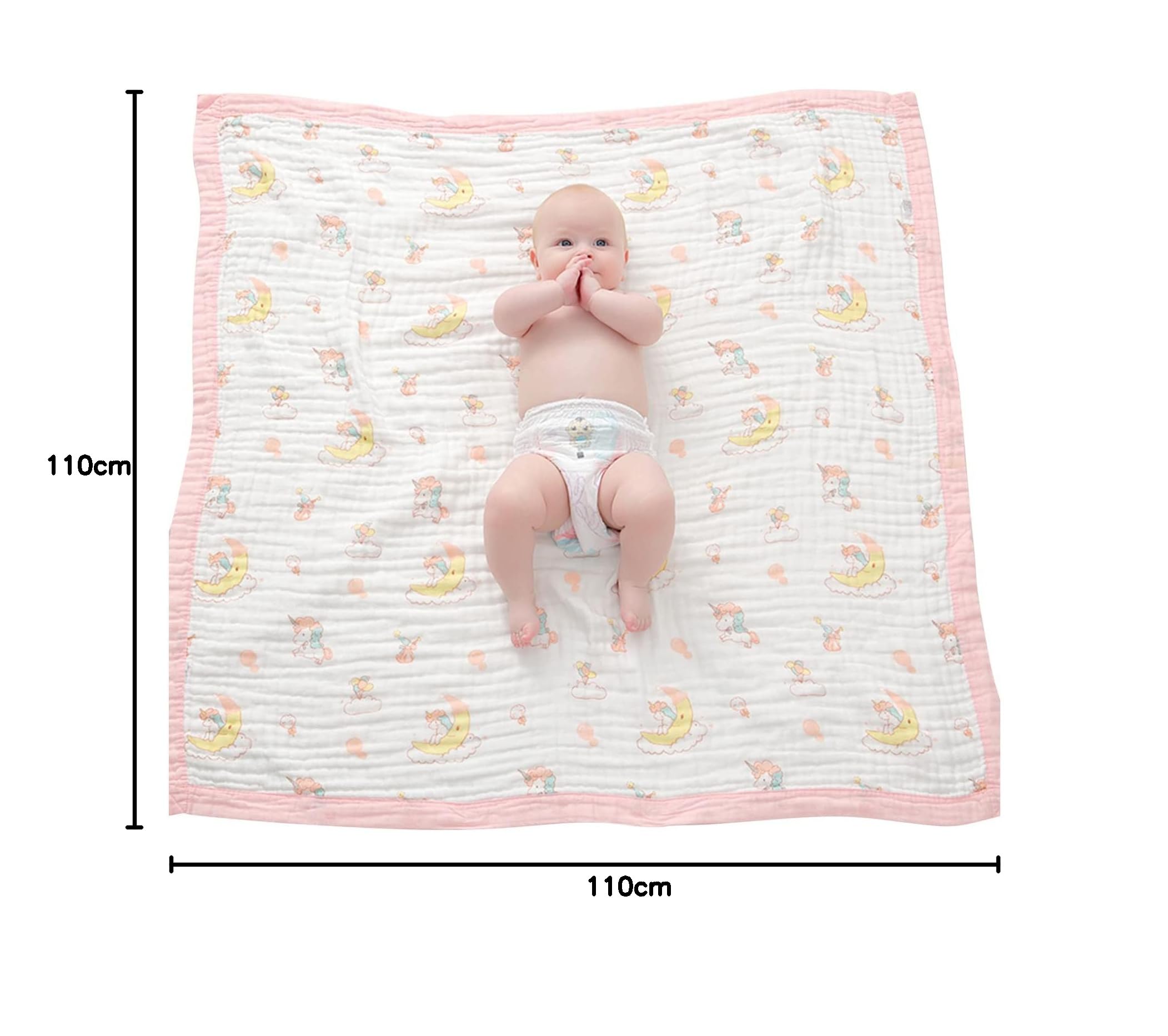110 * 110CM Mussole Neonato Cotone-6 Strati di Morbida e Confortevole Copertina Neonato Cotone,100% Cotone Coperta Neonato Adatto per Culla, Carrozzina|Unicorno Rosa