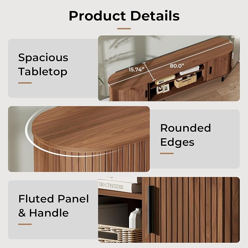 BREEZEHEAT 80'' Mid Century Fluted Modern TV Stand-Curved TV Cabinet with Storage, Sliding Doors & Adjustable Shelves-Entertainment Center for TVs Up to 90'', Walnut Media Console for Living Room image 4