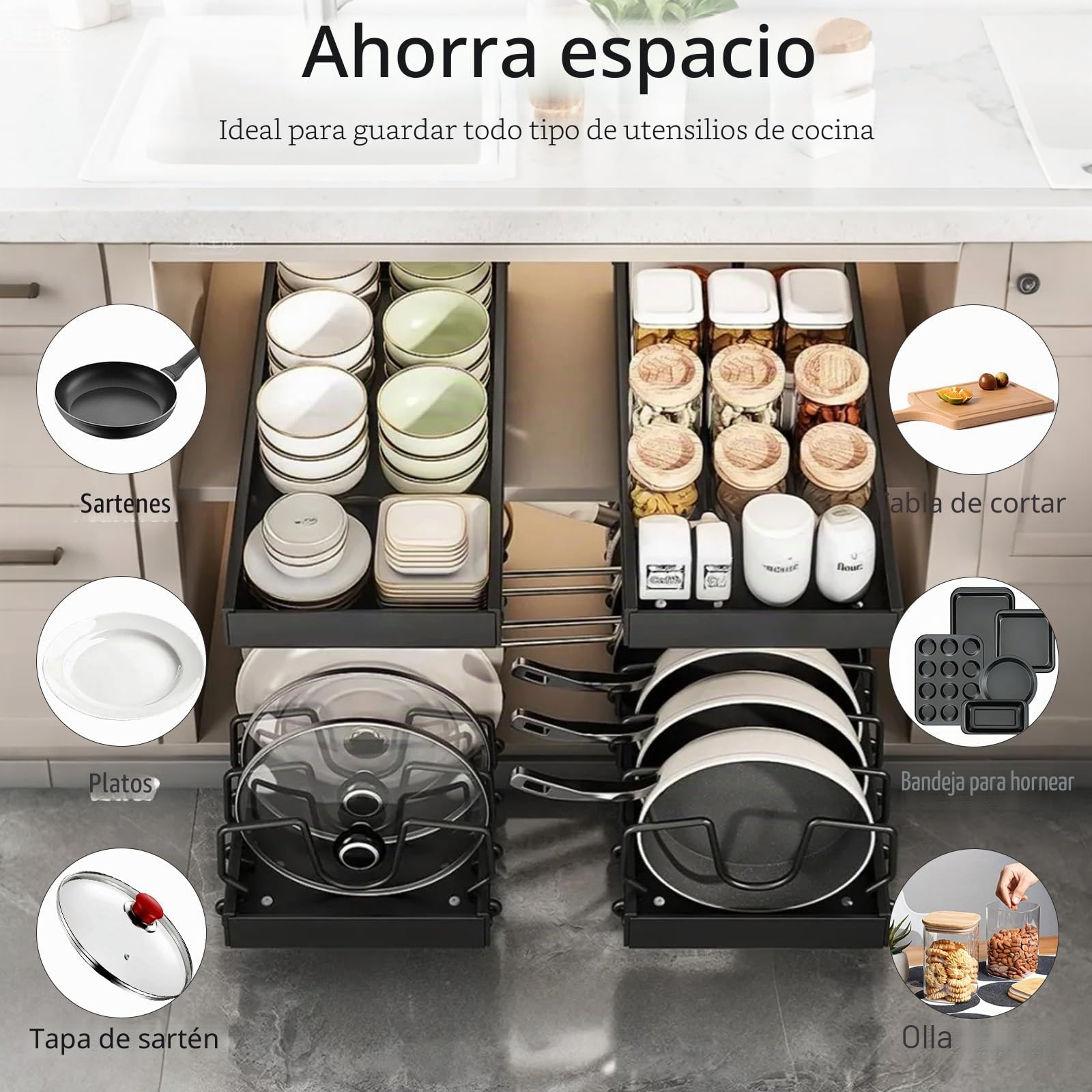 Organizador de Ollas y Sartenes 2 unidades, Extensible Organizador Tapas Ollas con 8 Compartimentos Ajustable, Soporte Tapas Ollas y Sartenes para Cocina, Negro