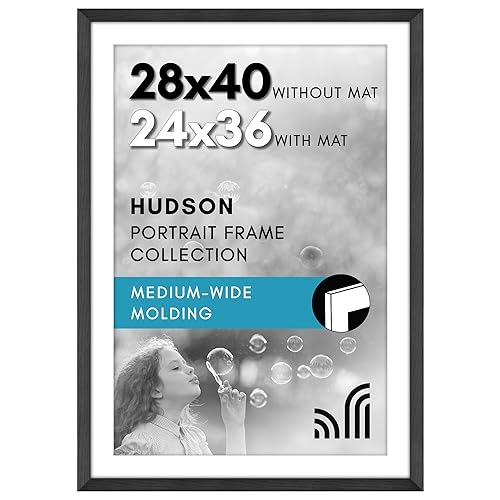 Americanflat 28x40 Poster Frame with Polished Plexiglass - Use as 24x36 Frame with Mat or Display 28x40 Photo Without Mat - Hudson Collection - Wide Picture Frames for Wall Display - Black - Black - 28x40
