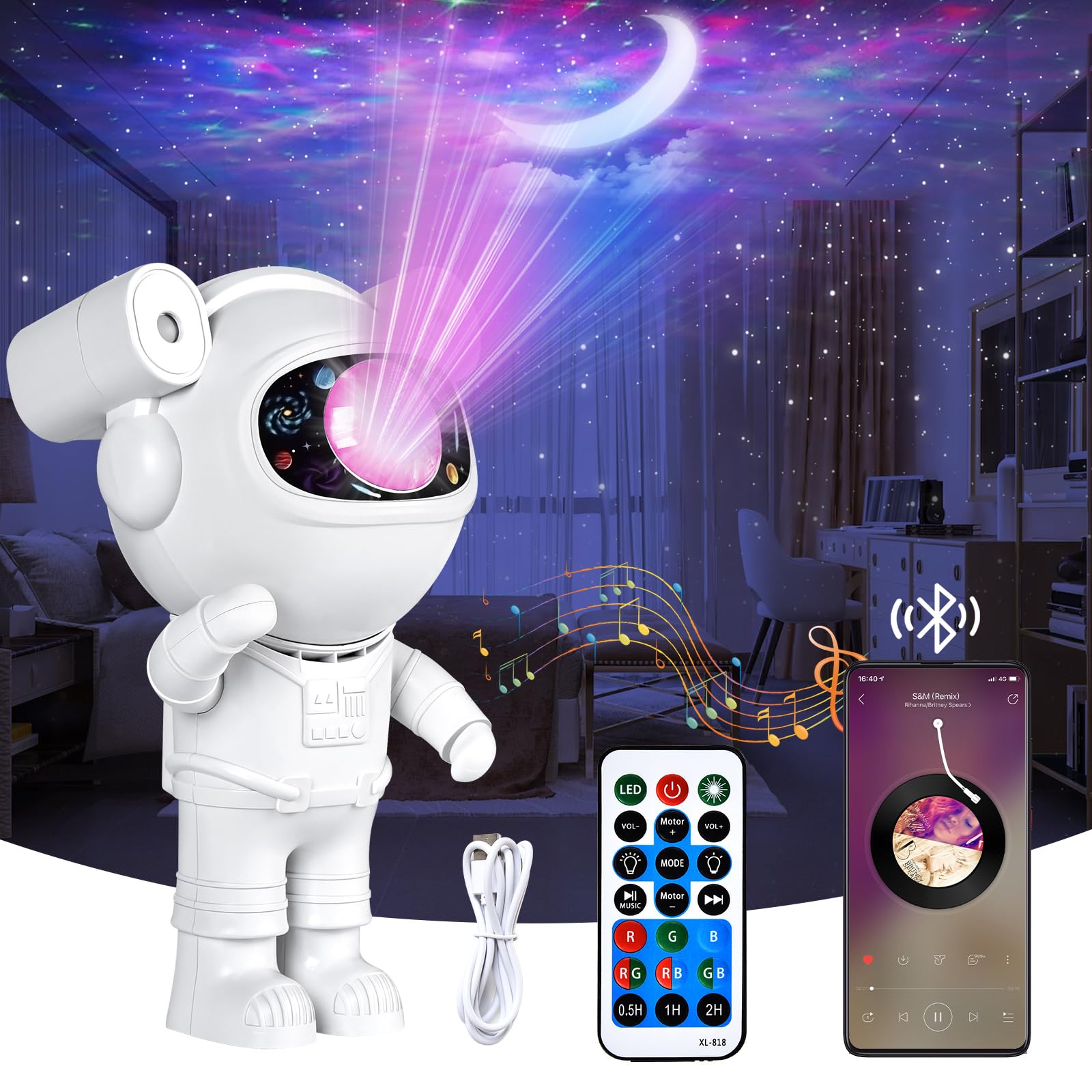 Herefun Astronauta Cielo Stellato Galassia Proiettore, Proiettore Stelle Soffitto con Telecomando, Altoparlante Bluetooth, Luminosità e Velocità Regolabili, Regali per Bambini e Adulti