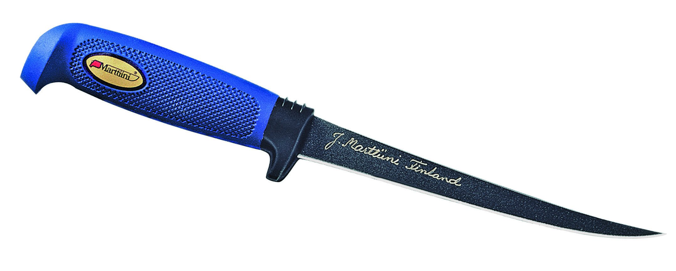 Marttiini 902919 Couteau à filet finlandais Lame traitée 19 cm, manche en caoutchouc, étui en cuir, Bleu,noir