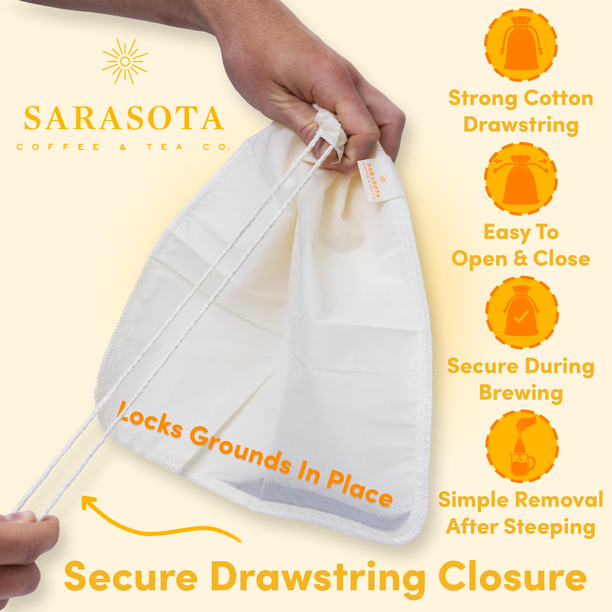 SARASOTA COFFEE - Bolsa de filtro de infusión fría, diseñada en Florida, filtro de café reutilizable con cordón EasyOpen para jarra, tarros Mason y sistemas Toddy (grande, 12 x 12 pulgadas)