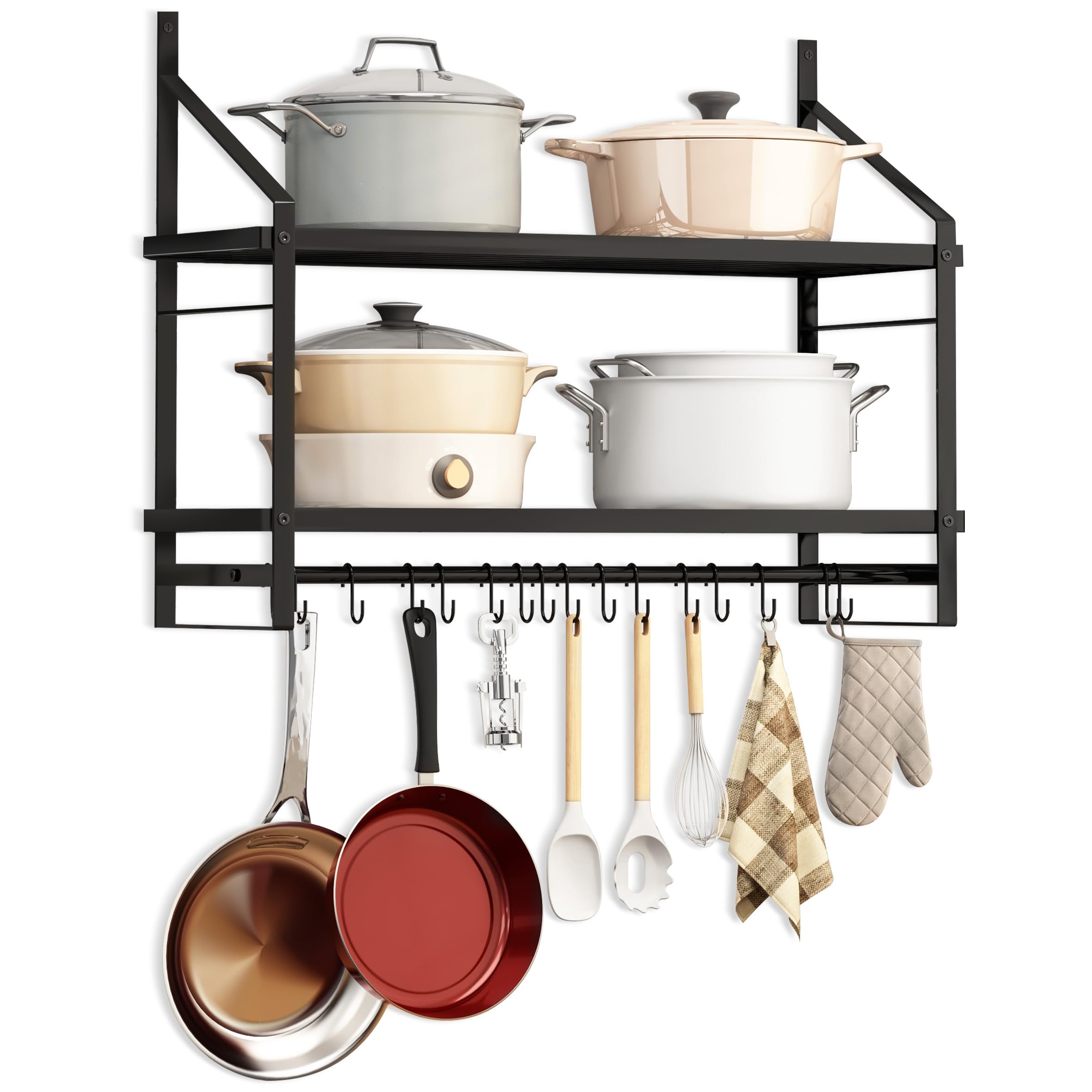 Caliee 30 Inch Hanging Pot Rack, 2 Tier Pot Rack Wall Mounted for Kitchen Storage and Organization with 16 Hooks, Pots and Pans Organizer