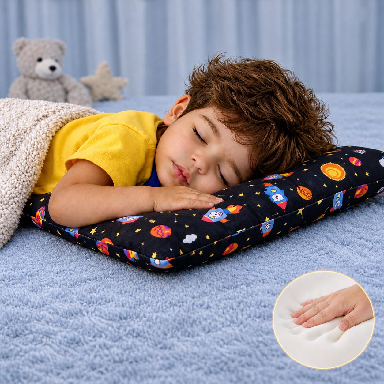 ORKAKIDS Luxury Orthopedic Memory Foam Kids Pillow for 3–10 Years | 3D Ergonomic Neck Support | Pressure Relief | Anti-Flat Head | Ultra Soft Breathable Comfort Dino Space Theme-image-27