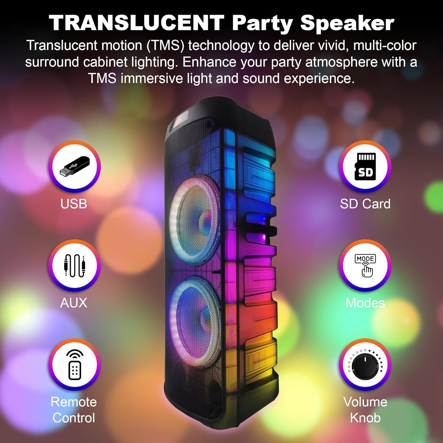 Front view of EMB PKL6000 speaker highlighting USB, SD Card, AUX, Remote Control, Modes, and Volume Knob features