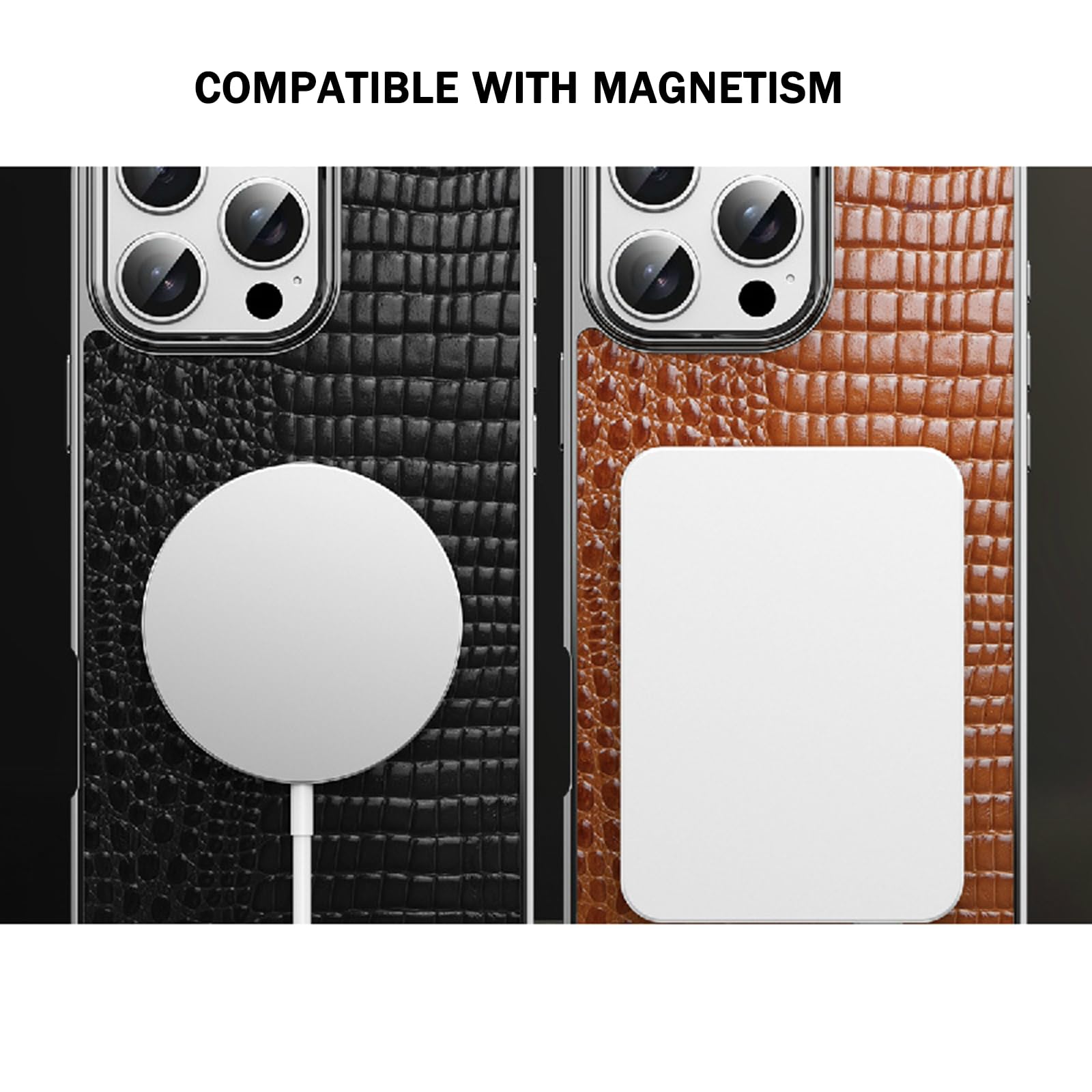 Etui z prawdziwej skóry do iPhone'a 16 Pro Max/16 Pro/16, lekka luksusowa tekstura krokodyla magnetyczne bezprzewodowe etui ładujące, logo, puste, brązowe, 16 Pro