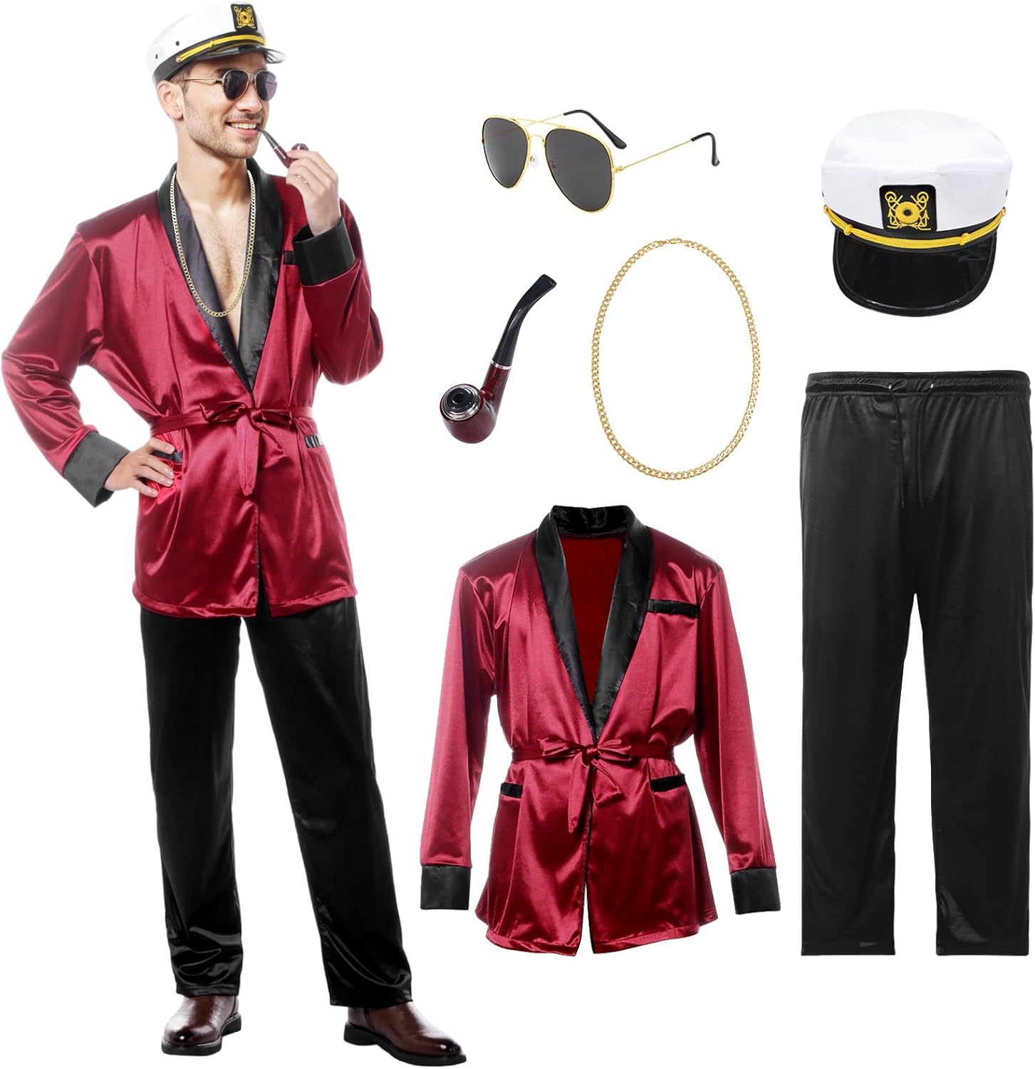 Red Silk Robe Jacket Halloween Couples Costumes With Black Pants Sunglasses Captain Hat Necklace for Men
