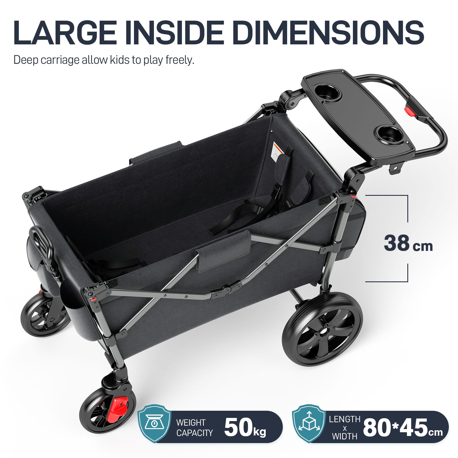 EVER ADVANCED Chariot Pliable pour Enfants avec Toit, Poussette Pliable 2x5 Points Ceinture de Sécurité, avec Sac à Dos, Pull & Push, Frein à Pied, Chariot de Transport Capacité de Poids 50KG