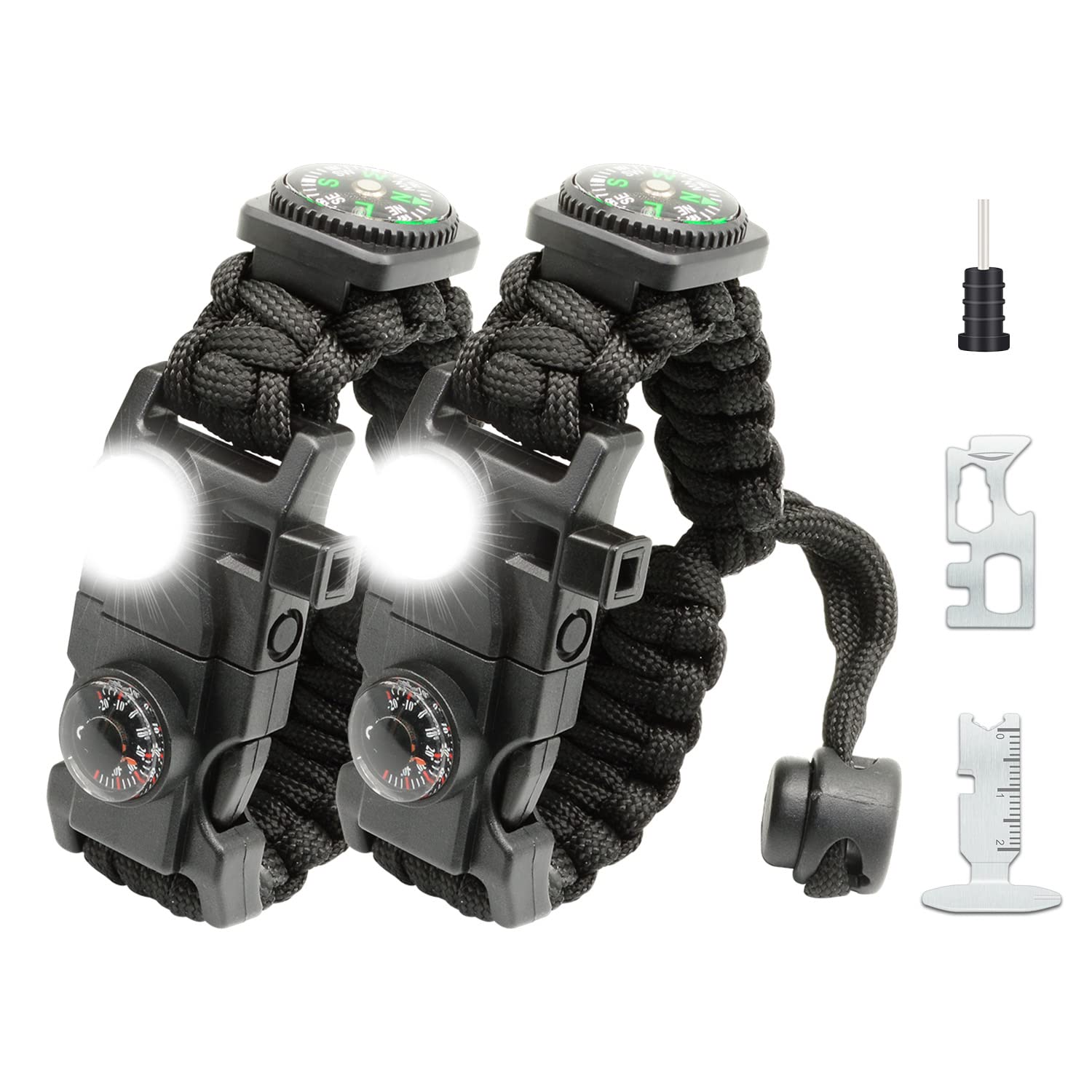 NVioAsport 20 in 1 Survival Paracord Bracelet Adjustable Gear Kit with SOS LED Light, Fire Starter, Bigger Compass, Survival Whistle, Perfect for Camping, Hiking, Fishing
