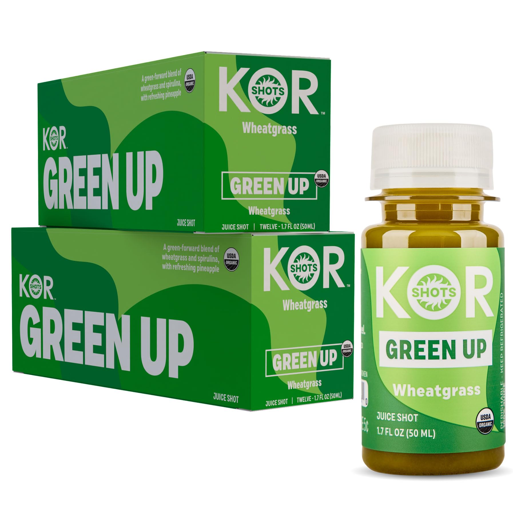 Kor Shot Wheatgrass Ginger Spirulina Shot - 24 Pack x 1.7 Fl Oz - Green Up Shot - Daily Greens Superfoods Shot - USDA Certified Organic