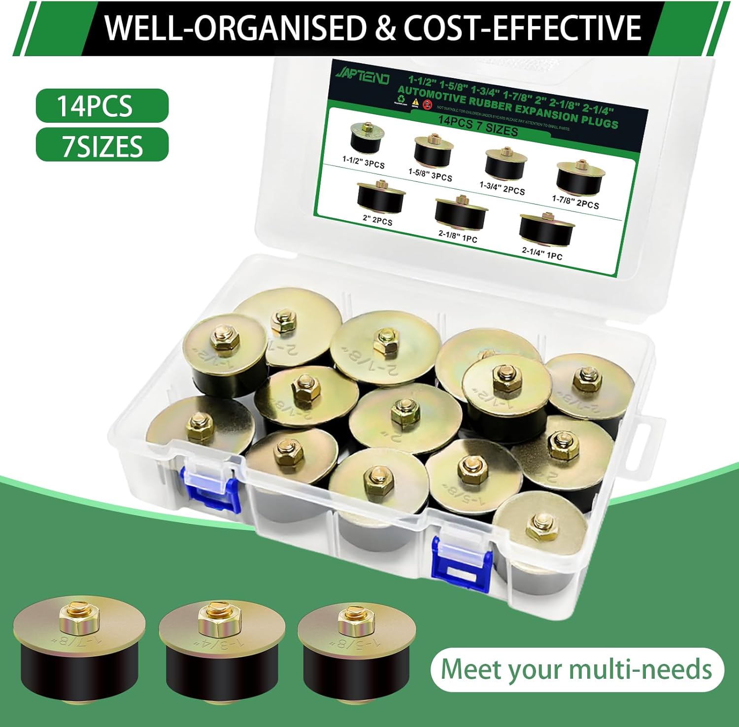 14pcs Expandable Freeze Rubber Plugs Assortment Kit, 7 Sizes Automotive Rubber Expansion Freeze Plugs Fit Hole 1-1/2" 1-5/8" 1-3/4" 1-7/8" 2" 2-1/8" 2-1/4"