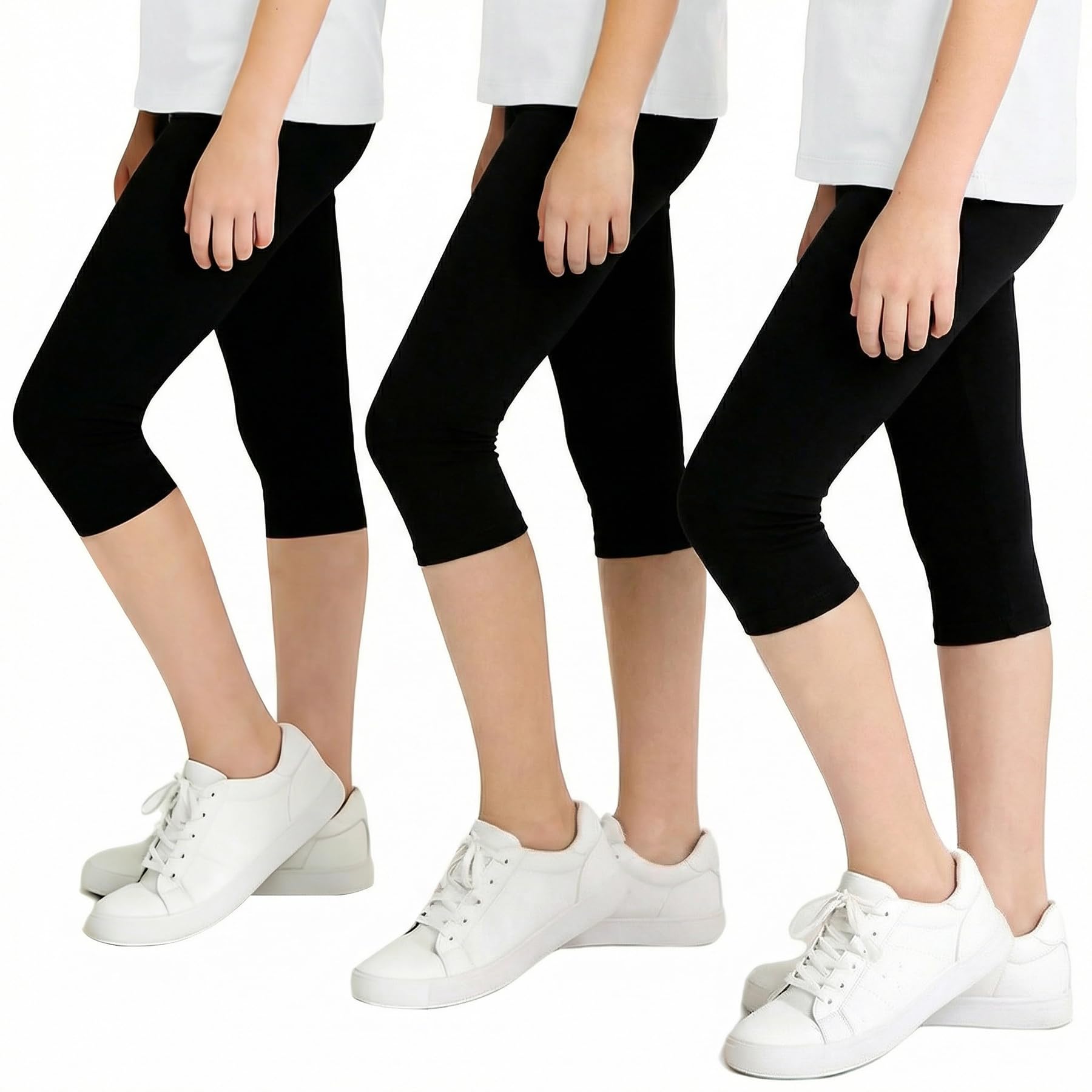 JinBei Leggings Niña Mallas 3/4 Pantalones Algodón Cortos Capri Pantalón Verano Transpirable Cintura Elástica Ciclismo Danza Deportivos Unicolor Infantiles Legging Pack de 3 para 6-13 años — view 7