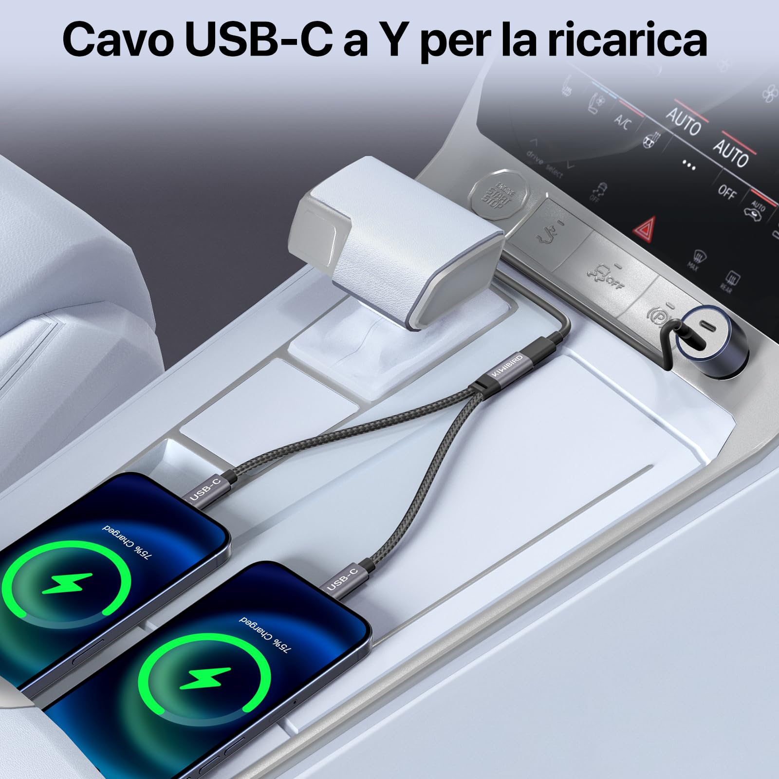 KiWiBiRD Sdoppiatore USB C 1 a 2, adattatore Tipo C maschio doppio cavo, solo ricarica, compatibile con iPhone 17 Air Pro Max 16 15 Plus Pro Max iPad Air Galaxy S25 S24 smartphone Android power bank