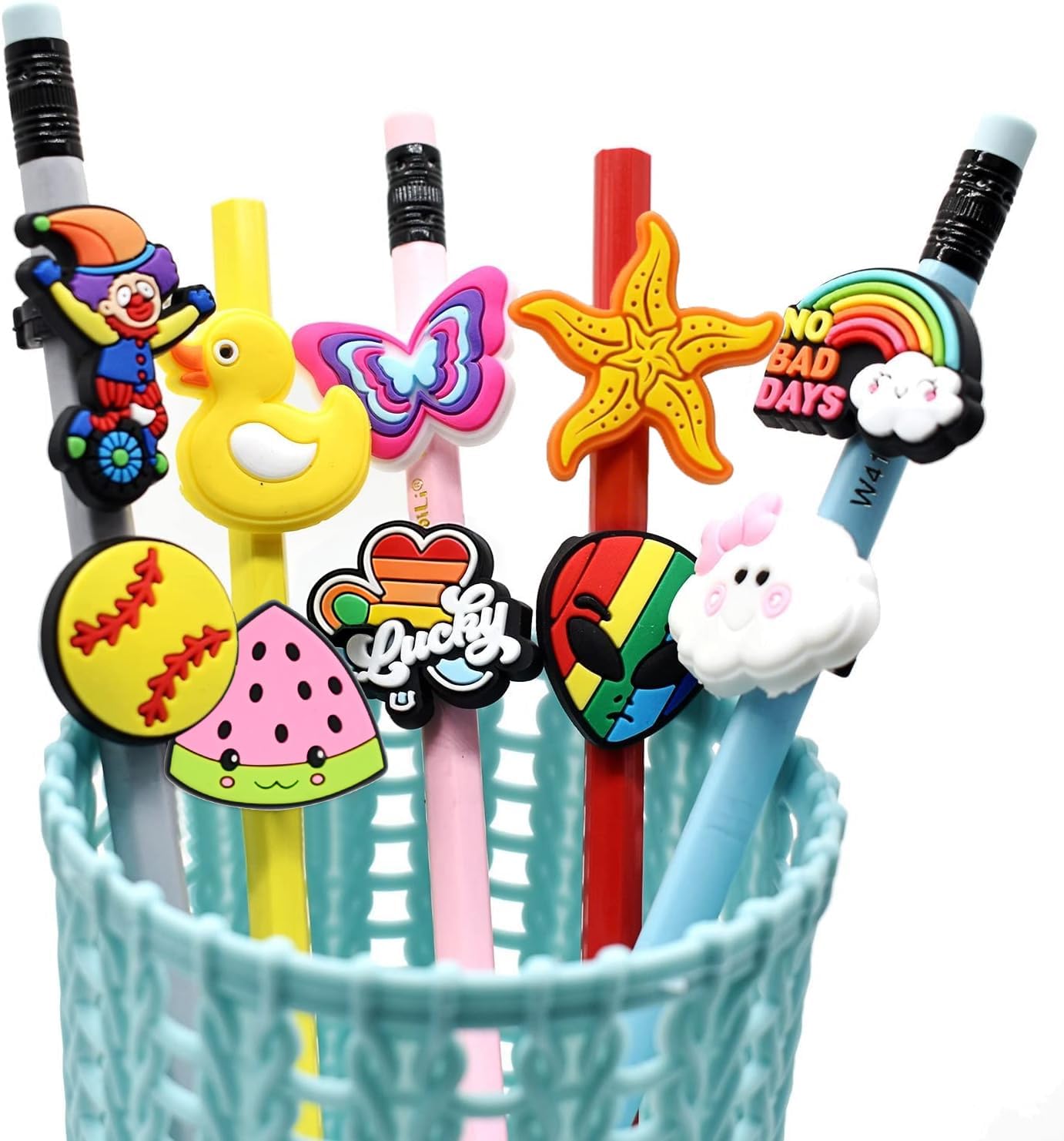 YEALQU 200PCS Random Different Pencil Topper Decoations Cute PVC Pencil Toppes Lovely Black Clip for Pupil/Junior Students Gifts Awards
