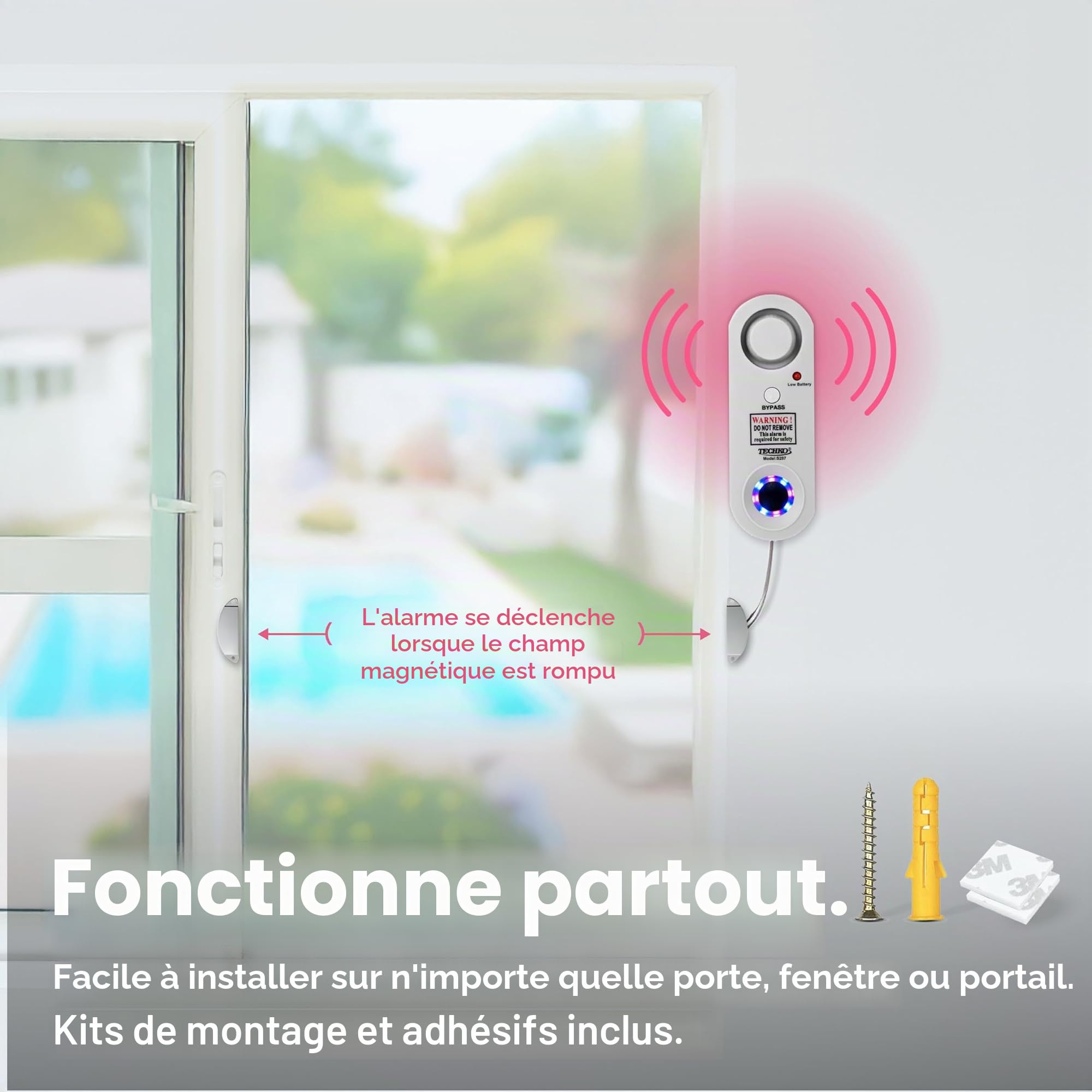 Techko S287 Alarme de piscine stroboscopique LED, lumières stroboscopiques, système d'alarme 115 dB, conforme à la norme UL 2017, résistante aux intempéries