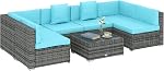 Outsunny 7 Ensemble de meubles patio en pièces, PE Ensemble de conversation extérieure Rattan avec canapé sectionnel, lattes WPC Table, coussins et oreillers pour jardin, pelouse, pont, beige foncé et gris