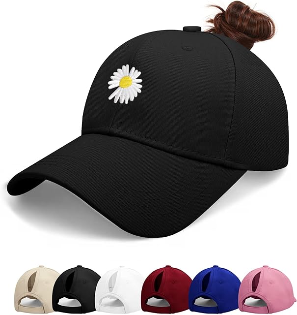 BLURBE Ponytail Baseball Cap for Women- Ladies Baseball Caps, Cotton Daisy Ladies High Pony Ponytail Baseball Caps Casual Adjustable Outdoor Sports Dad Peaked Sun Cap for Women UK