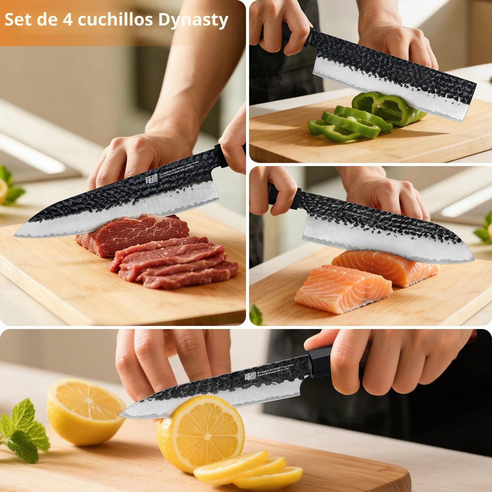FINDKING Juego Cuchillos Cocina 4 Piezas Damasco 9Cr18MoV Madera | Set cuchillos cocina, 4 piezas, acero 9Cr18MoV, hoja damasco martillada, mango palisandro, chef, santoku, nakiri, diario