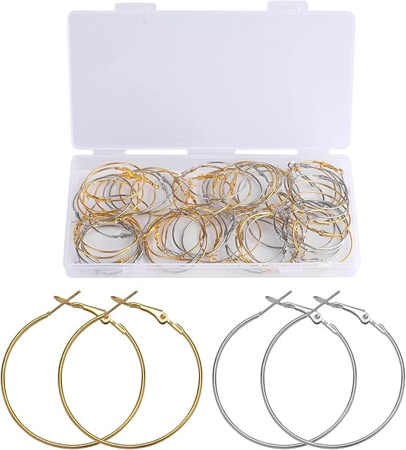 KINBOM 60 Pcs Big Hoops Earrings, 40mm Hoops Earrings Thin Hoops Earring White K/Gold Plated Open Beading Earring Hoops for Jewelry Making Craft Art DIY