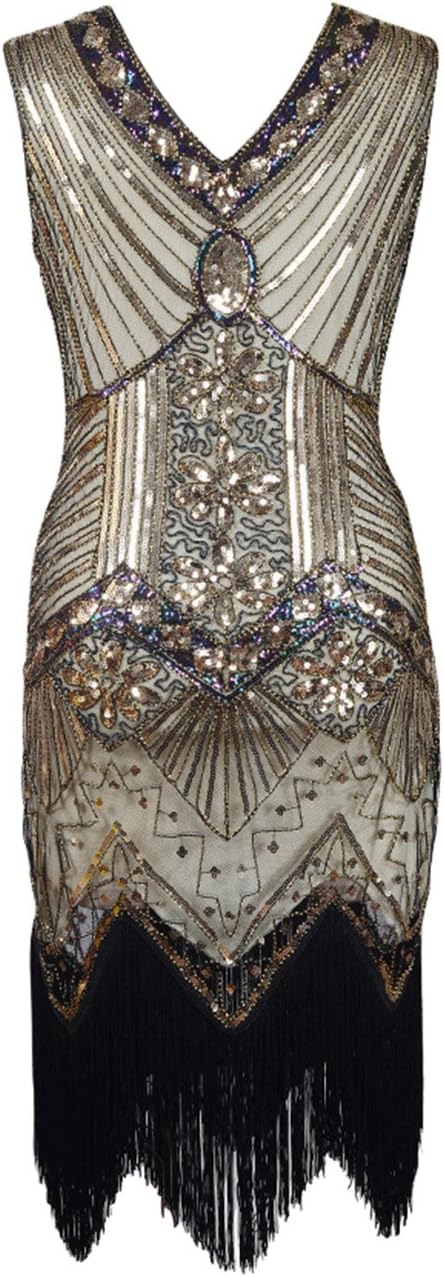 Women's 20s Gatsby Dress Fringed Sequin Party Dress (L, Golden Yellow)