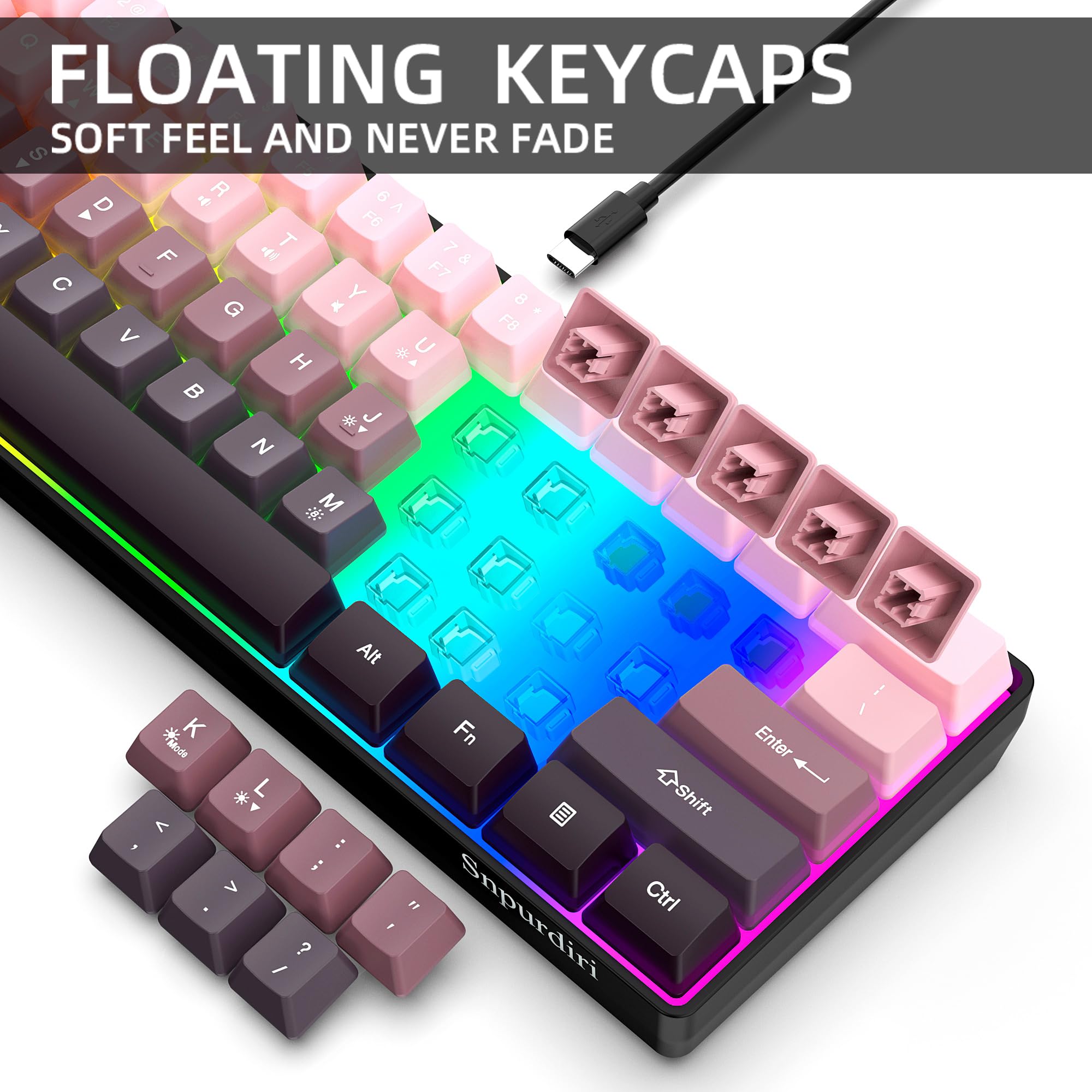 Snpurdiri 60% Wired Gaming Keyboard, Pink-Black view 5