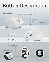 Vista 8 de C2 Ratón inalámbrico ergonómico, mouse Bluetooth ergonómico recargable RGB, 2.4G con seguimiento óptico de 4000 DPI, 5 DPI ajustables, mouse