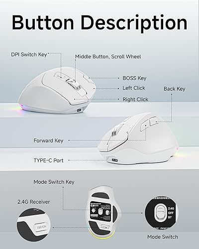 Miniatura 8 de C2 Ratón inalámbrico ergonómico, mouse Bluetooth ergonómico recargable RGB, 2.4G con seguimiento óptico de 4000 DPI, 5 DPI ajustables, mouse de
