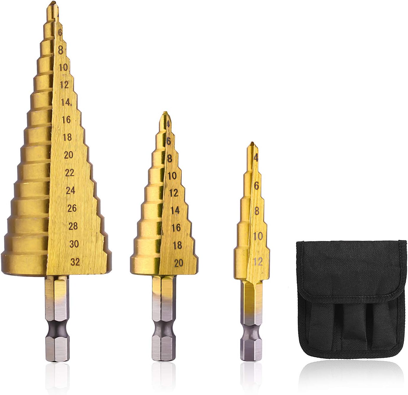 3Pcs HSS Step Bits, Ecbrt High Speed Steel Step Drill Bit Set, Cone Multiple Hole Cutter for Wood, Stainless Steel, Sheet Metal, Quick Change 4-12mm/4-20mm/4-32mm (Gold)