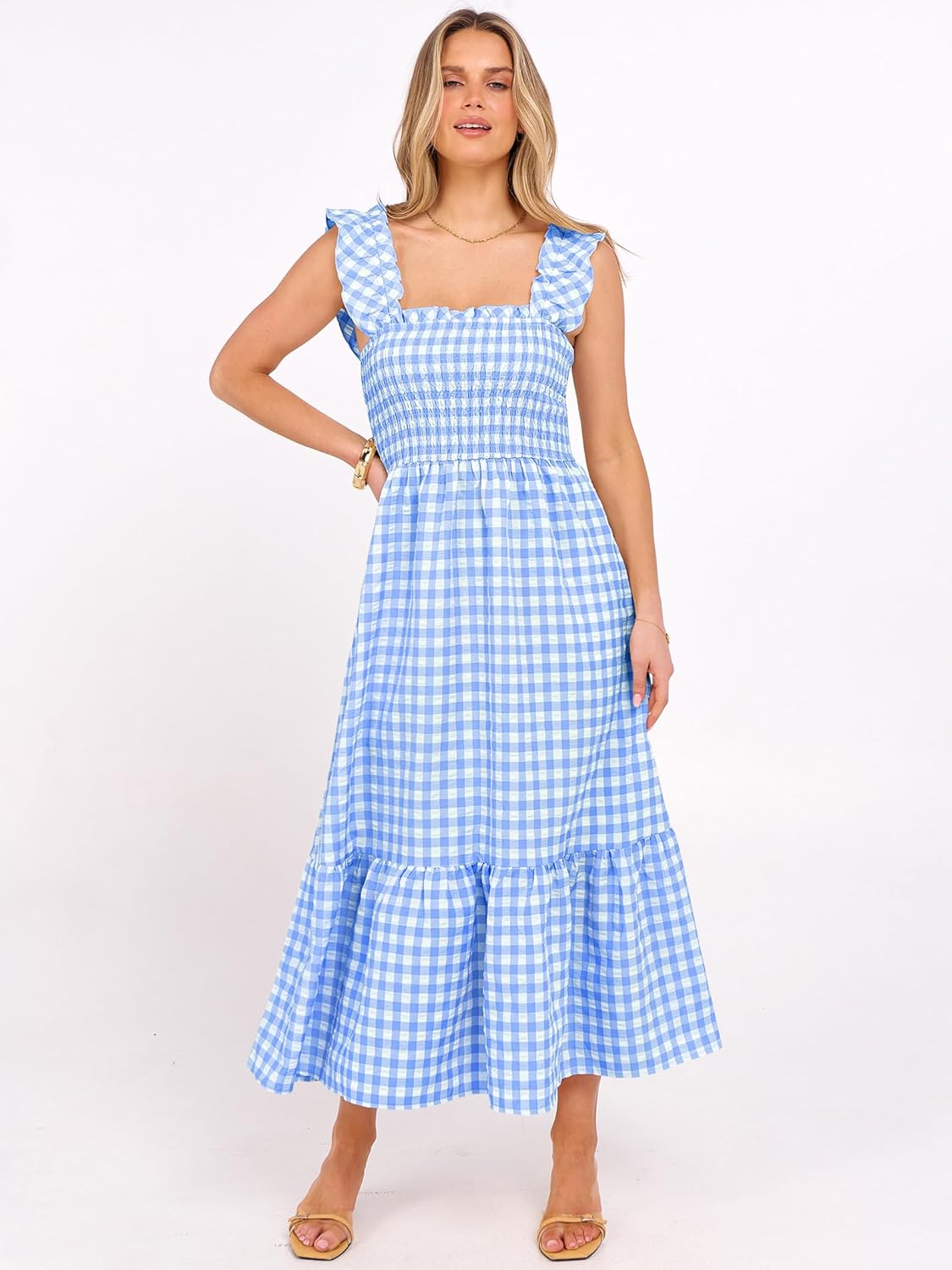 Caracilia Womens Summer Casual Maxi Dress Ruffle Spaghetti Strap Gingham Smocked Long Dresses 2026 Spring Vacation Sundress - Image 7