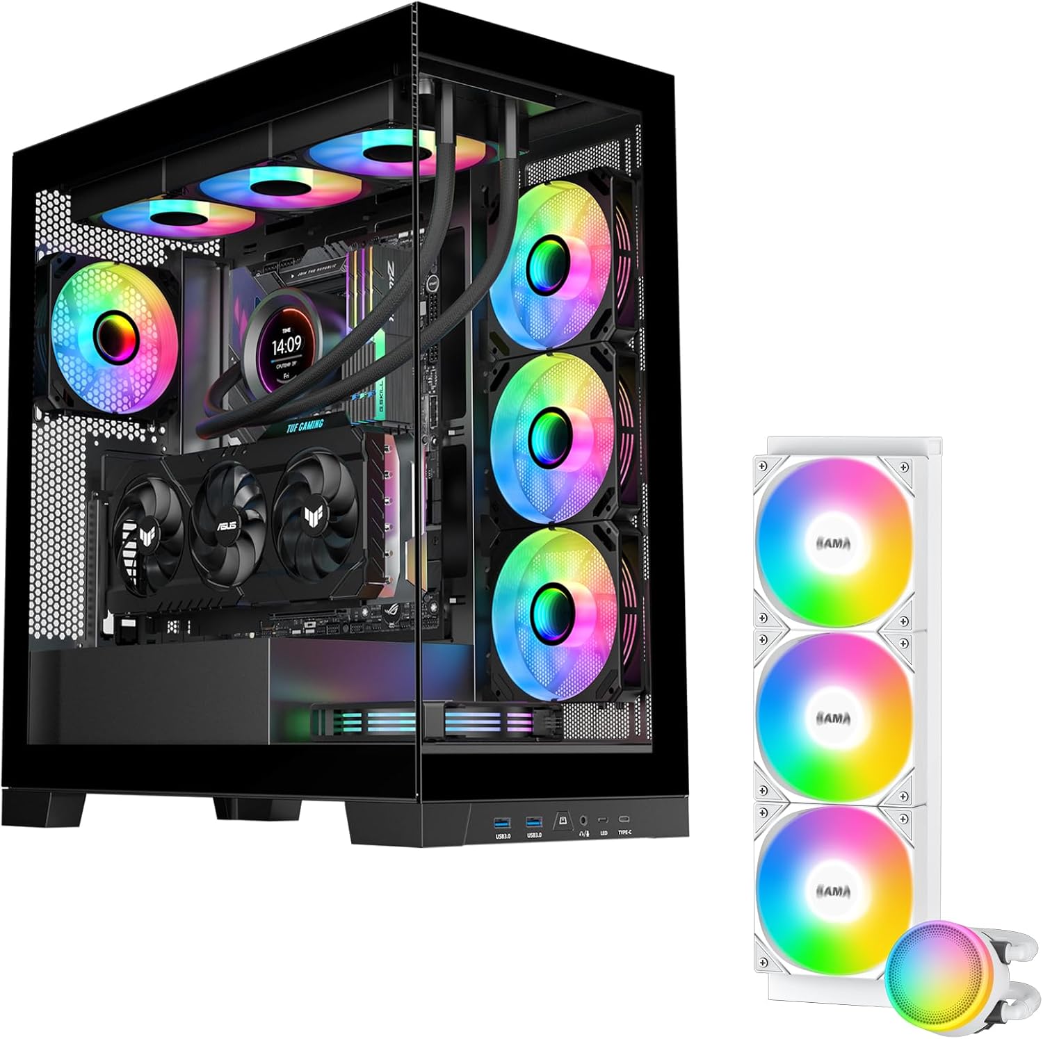 SAMA NEVIEW 4503 Black Full Tower Case with L60 360mm AIO Liquid Cooler - Tempered Glass, 4x120mm ARGB Fans, USB 3.0/Type-C, 360mm Radiator Support