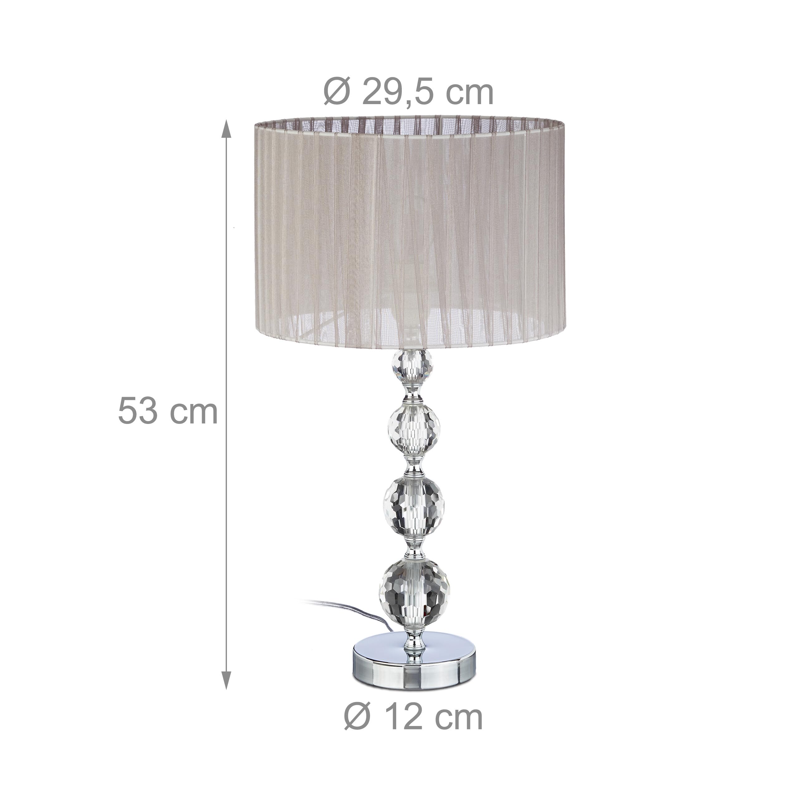 Relaxdays Tischlampe, 2er Set, Glasfuß, Stoffschirm, E27, HxD 53 x 29,5 cm, Nachttischlampe Kristalloptik, grau/Silber