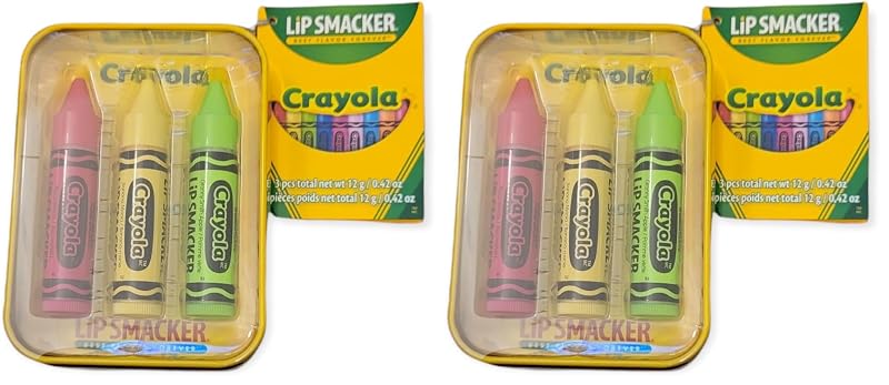 Lip Smacker Crayola Lata com 3 Bálsamos Labiais Razzmatzz, Banana Mania e Granny Smith Apple — Pacote com 2
