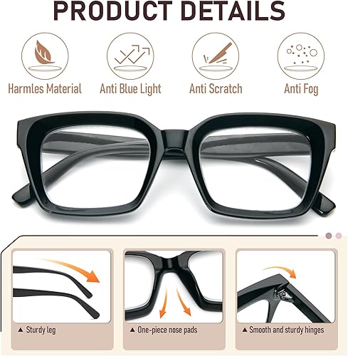 Miniatura 4 de MMOWW Gafas de lectura para mujer, de gran tamaño, estilo retro Oprah +2.0, bloqueo de luz azul, lector cuadrado, paquete de 4