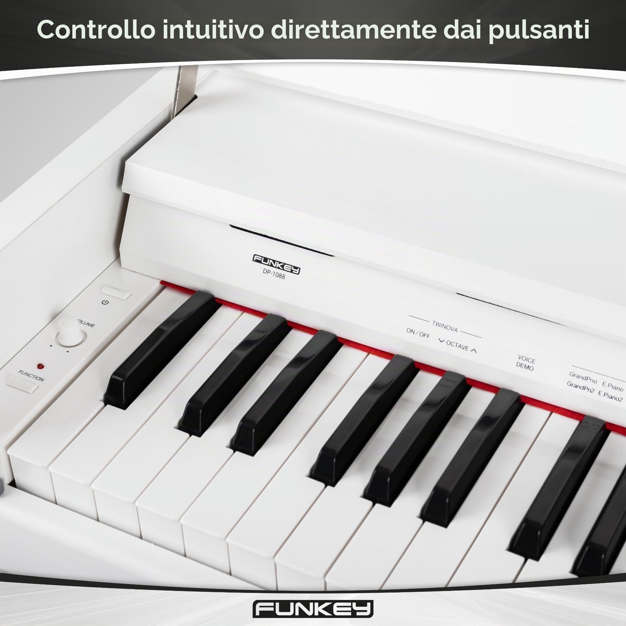 Funkey DP-1088 WM - Pianoforte Digitale set 88 Tasti sensibili al tocco - Tastiera sottile - Incluso panca, cuffie, pedale - Bianco opaco
