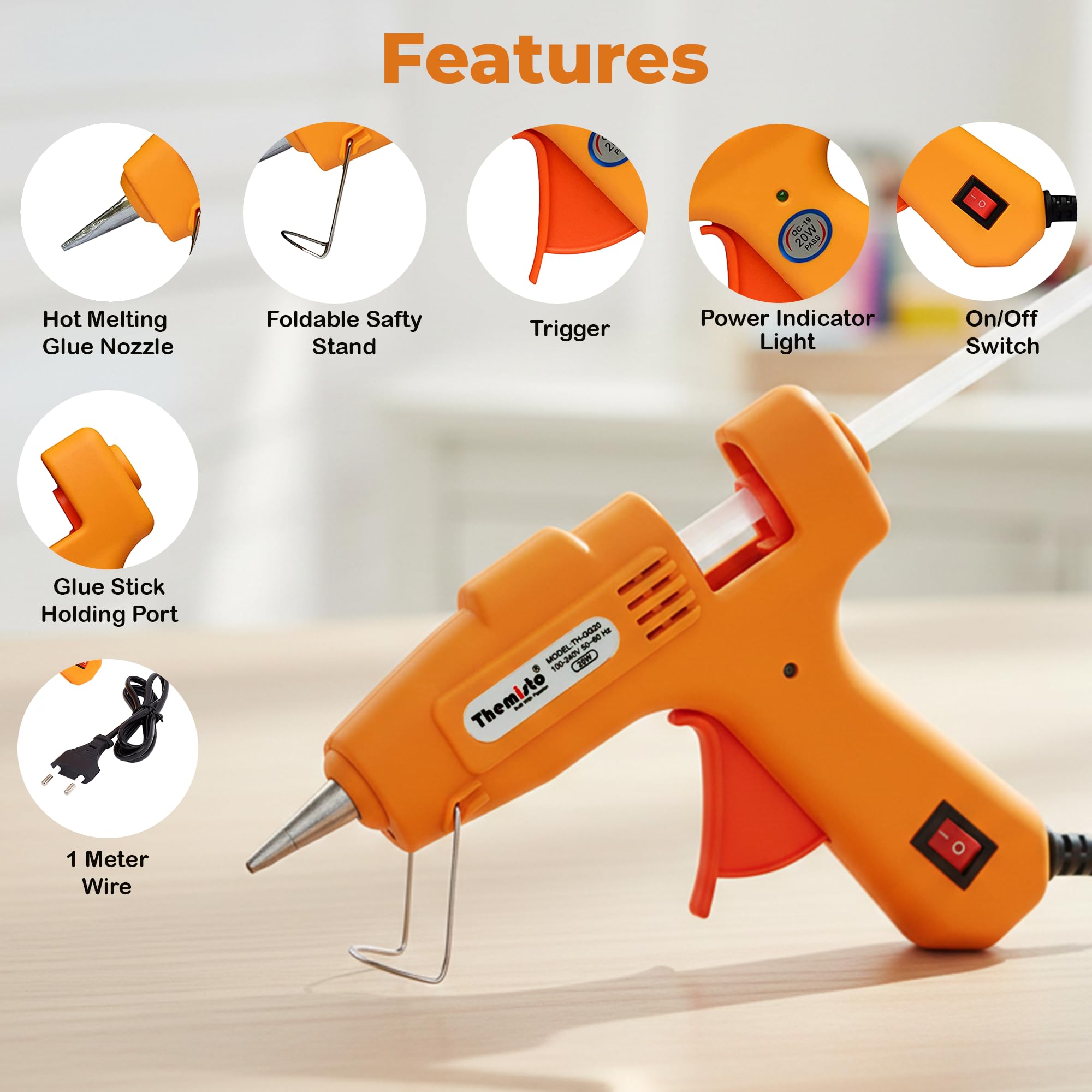Themisto 20 Watt Mini Hot Melt Glue Gun with 10 Glue Sticks For DIY Art And Crafts.