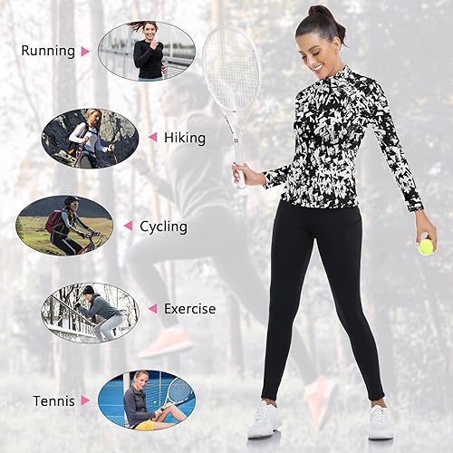 Miniatura 5 de WOWENY Camisetas deportivas de manga larga para mujer con cremallera de un cuarto cuello con estampado camiseta de tenis