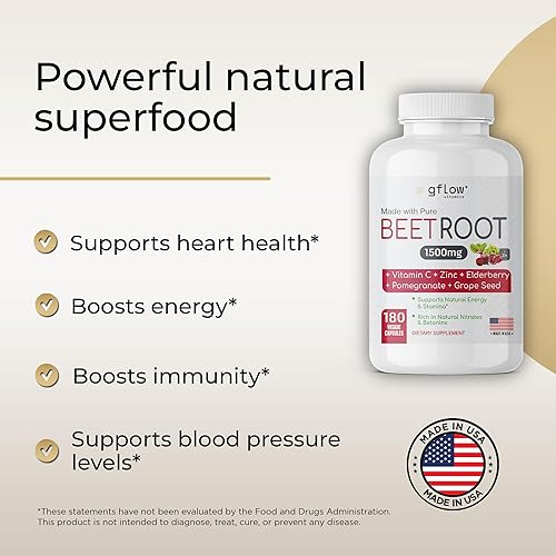 Miniatura 3 de gflow vitamins Raíz de remolacha extra fuerte, totalmente natural con vitamina C y zinc, apoya la salud cardíaca y la resistencia, sin OMG, 180