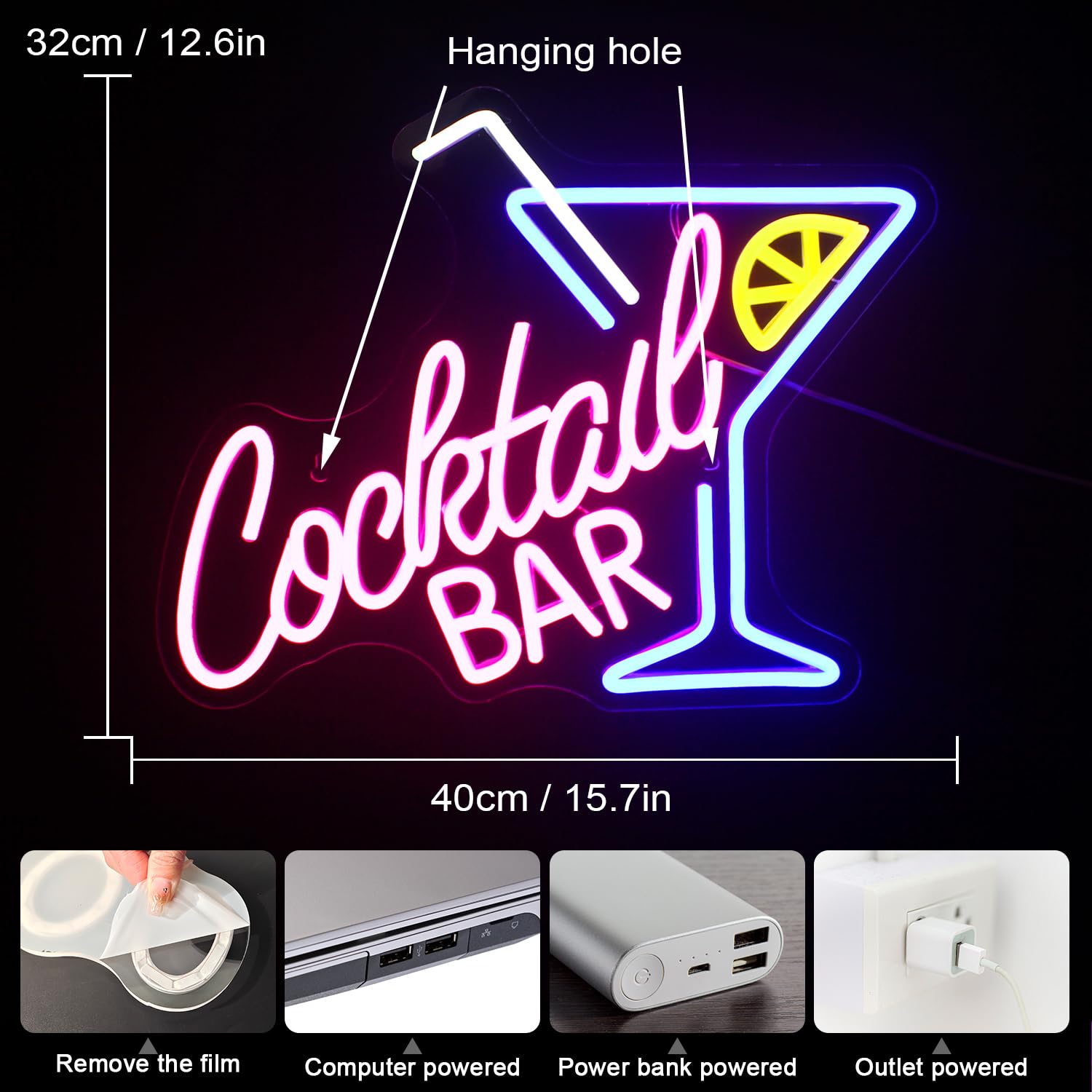 Horseneon Insegna al neon per bar di cocktail, insegna al neon LED per parete, insegna LED blu e rosa per bar di birra, grotta, club, pub, casa, ristorante, bar, decorazione