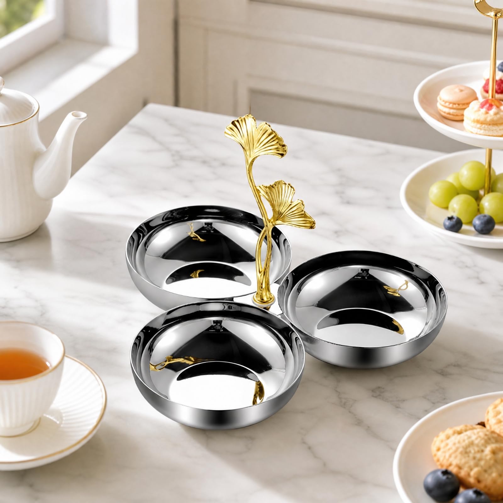 rockible Servierschale mit DREI Fächern poliert dreiteilige Snackschale aus rostbeständig Dessertschale mit getrennten Fächern für Familien, Gold