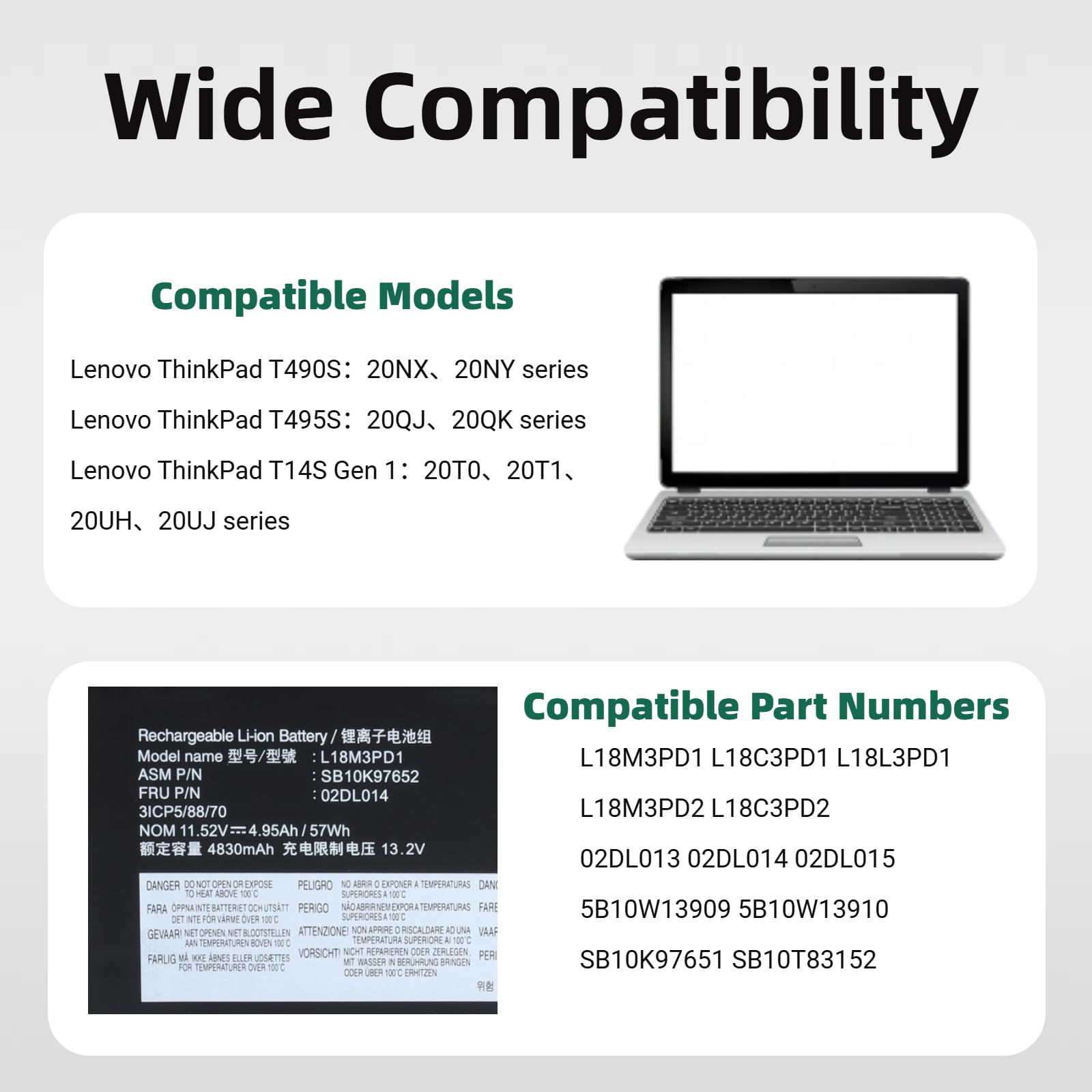 L18M3PD1 02DL014 Laptop Akku Kompatibel mit Lenovo ThinkPad T490S 20NX/20NY, T495S 20QJ/20QK, T14S Gen 1 20T0/20T1/20UH/20UJ Series, L18C3PD1 L18L3PD1 L18M3PD2 02DL013 5B10W13909-11,52V 57Wh