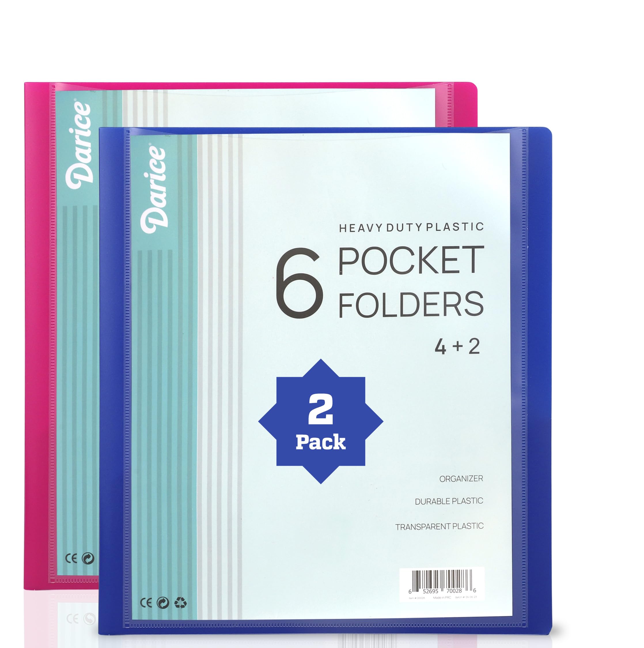 Darice 2 Pack 6 Pocket Folder - Double-Sided Multi Pocket Folder - Letter Size Paper Organizer for Office School - Pink & Blue - Back to School Supplies