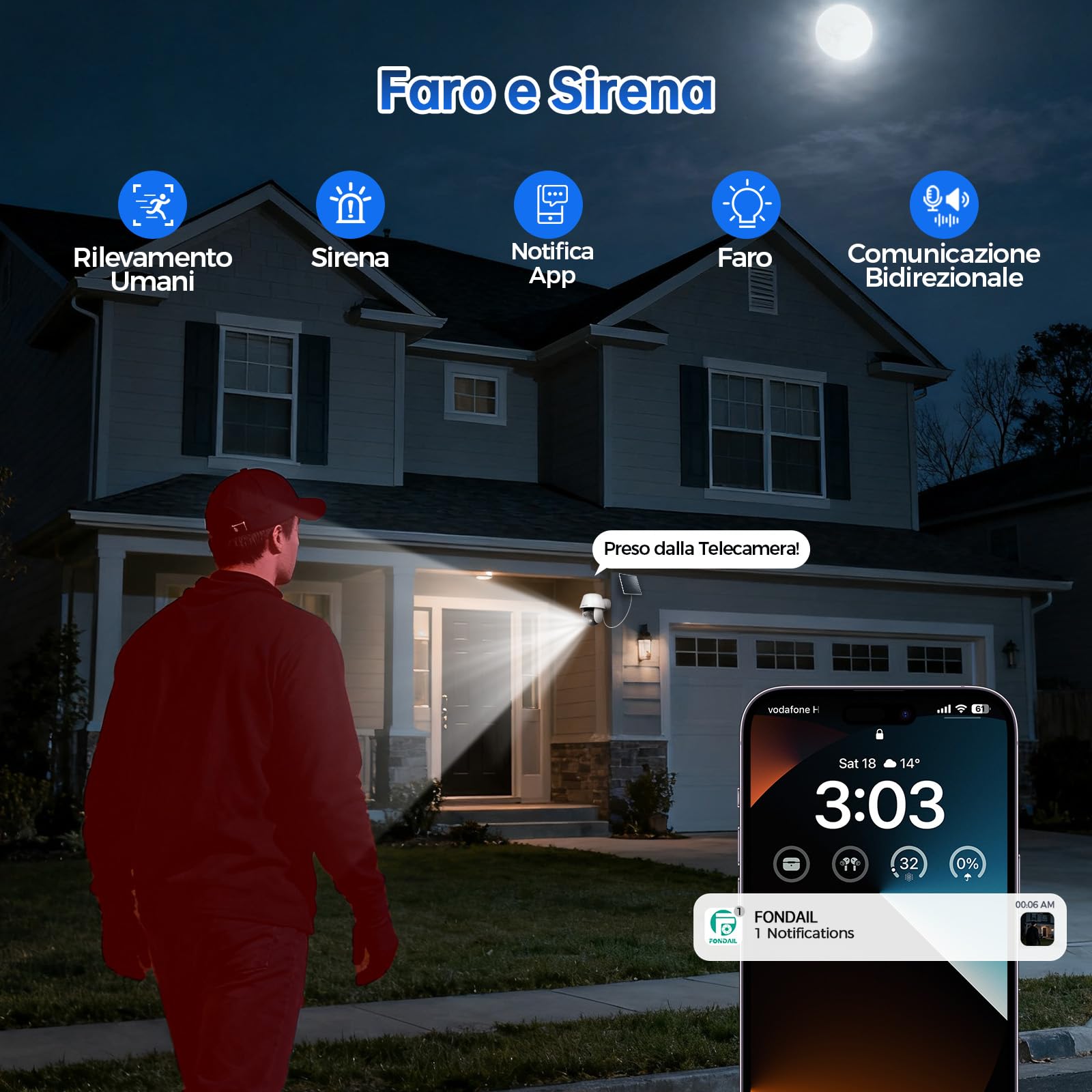 Telecamera Wi-Fi Esterno Solare Senza Fili 2K (3MP) - Videocamera Sorveglianza PTZ 360° Visione Notturna a Colori, Rilevamento Umano PIR, Sirena e Faretto, Audio Bidirezionale, Impermeabile IP65