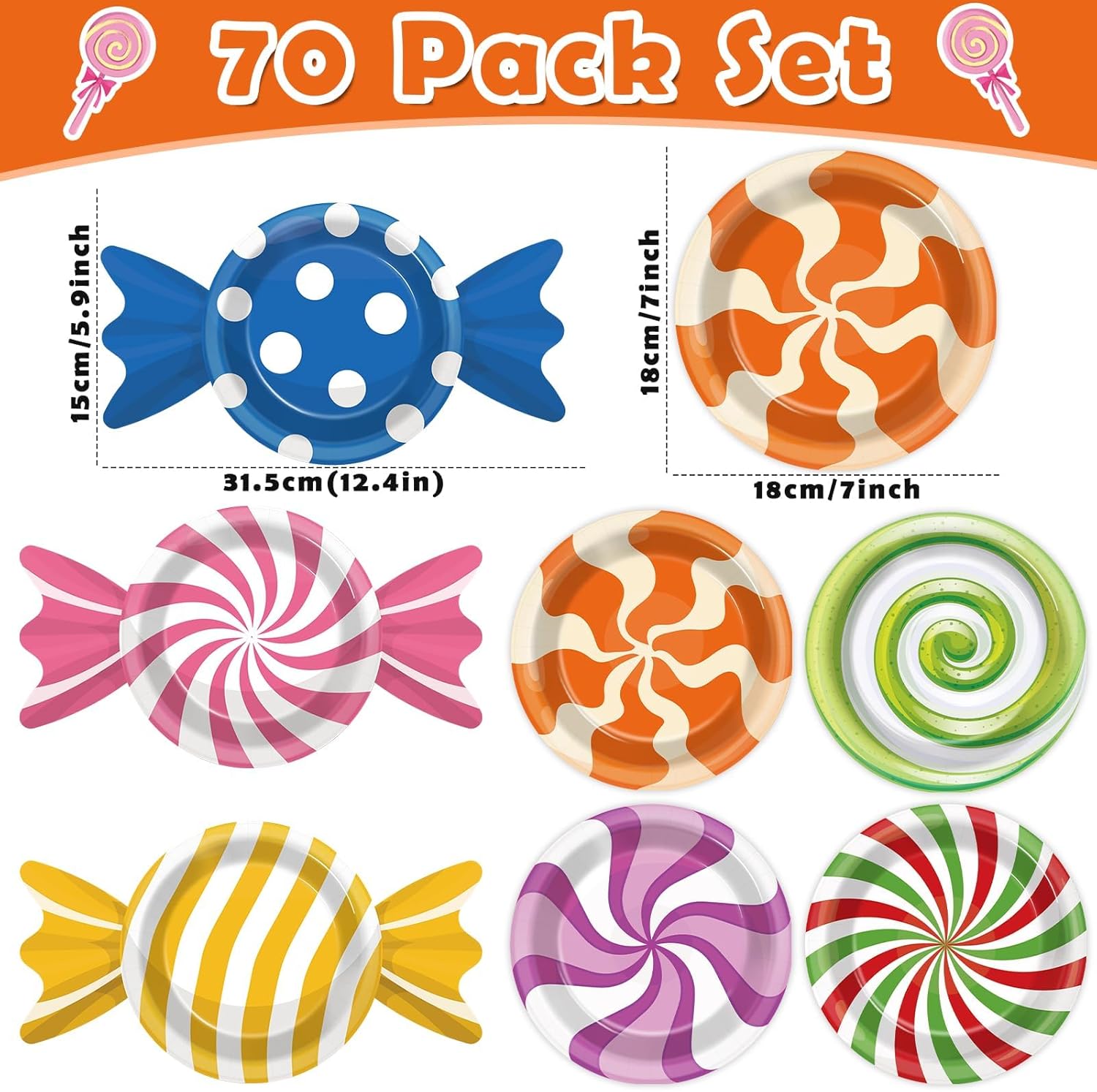 70PCS Christmas Peppermint Candy Paper Plates Candyland Party Decorations Candy Disposable Plates Colorful Lollipop Sweet Dessert Tableware for Candyland Holiday Xmas Birthday Baby Shower Party