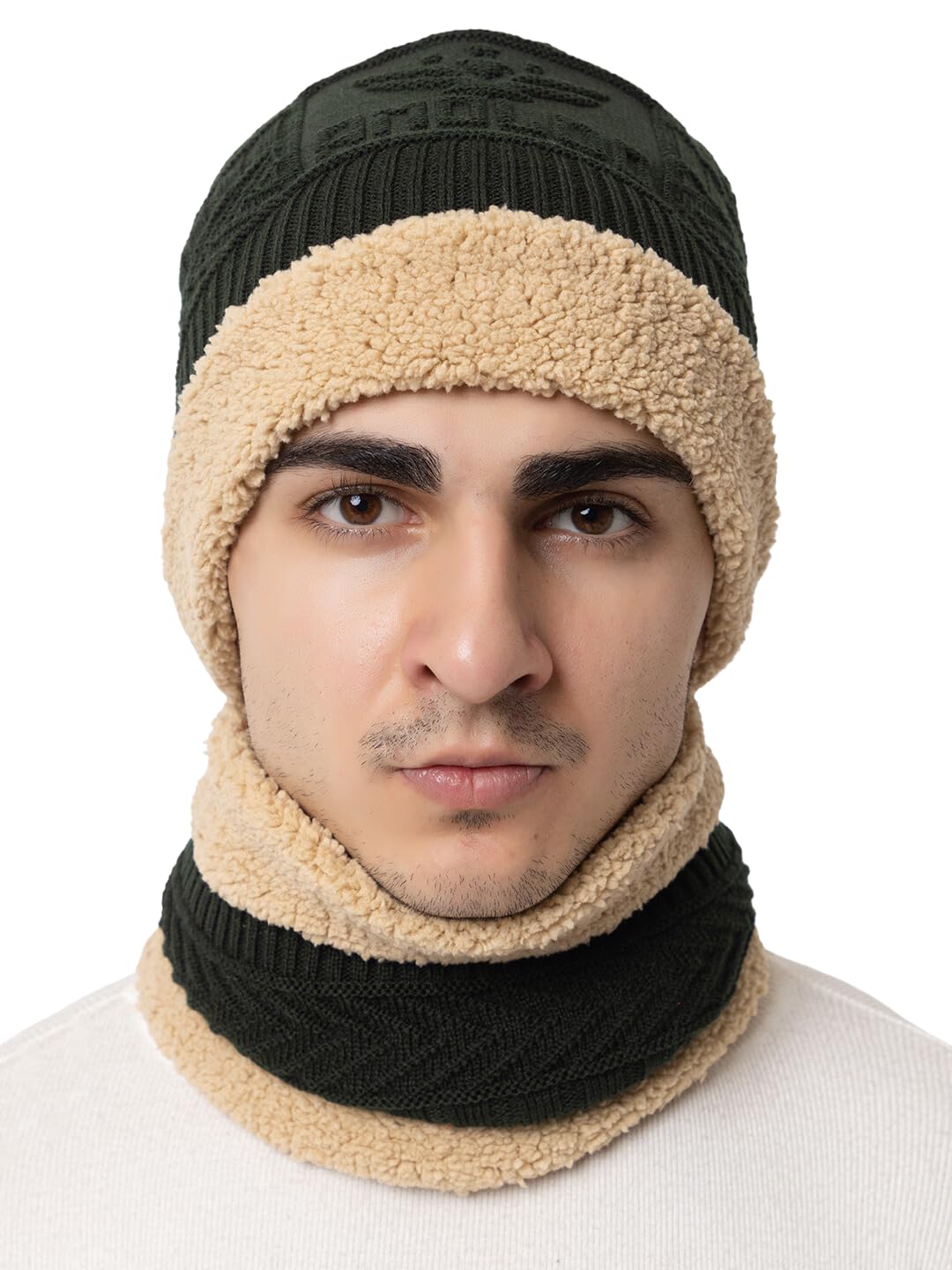 Winter Woolen Unisex Knit Beanie Cap and Neck Warmer Set with Fur Lining | Hat and Scarf Combo Set for Men and Women (Logo)