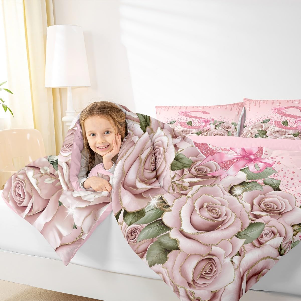 Pink Bow Tie Queen Comforter Set Personalized Initial Letter S Bedding Set - Princess Ribbon Bowknot Monogrammed Down Comforter Sequins Fluid Art Romantic Rose Quilt, Cute Room Decor Aesthetic Kawaii
