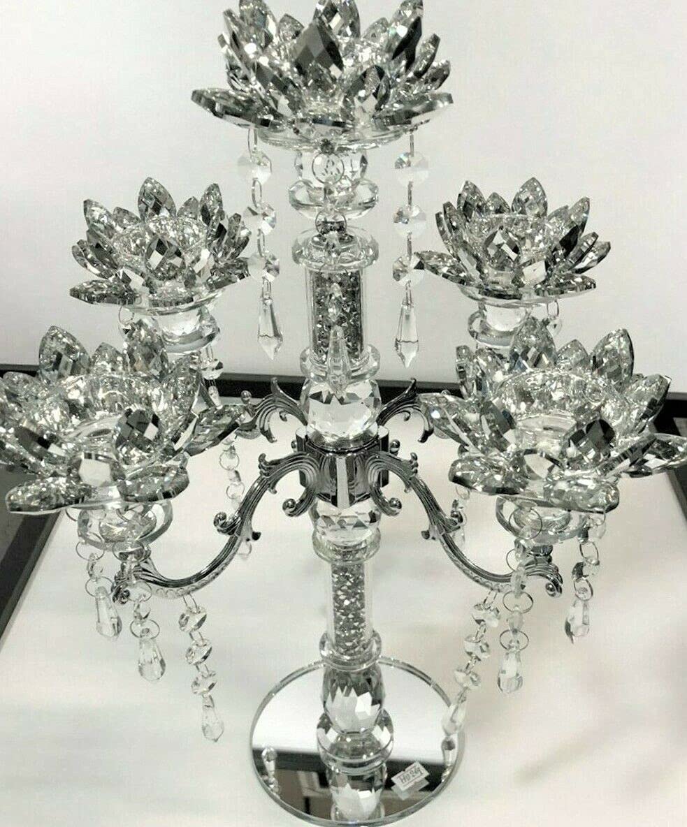 Biznest Candle Holder Crushed 5 Flower Diamond Silver Crystals Filled Romany Candelier