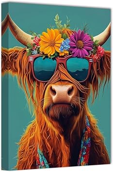 CHAOSETKEN Funny Animal Canvas Wall Art Cute Animal Wearing Glasses Poster Pictures Animal with Wreath Painting Prints for Kid Room Decor Framed Brown,16.00" x 24.00"