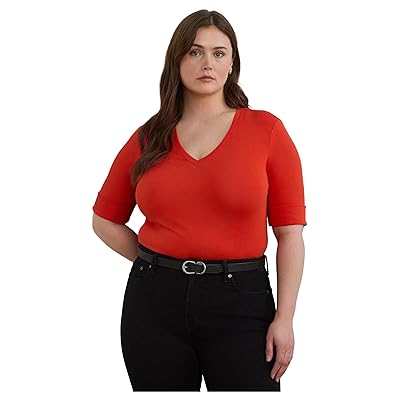 Lauren Ralph Lauren Plus Size Stretch Cotton Elbow Sleeve V Neck T Shirts Women